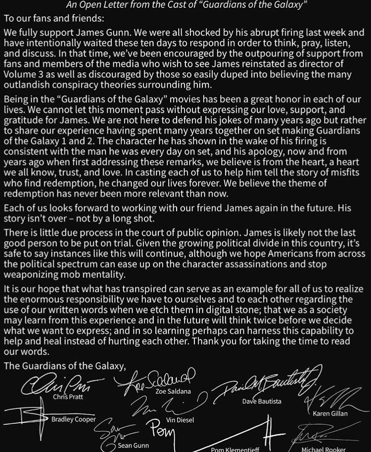 Redenção de James Gunn - Carta de apoio do elenco de Guardiões da Galáxia - FAROFEIROS COM BR