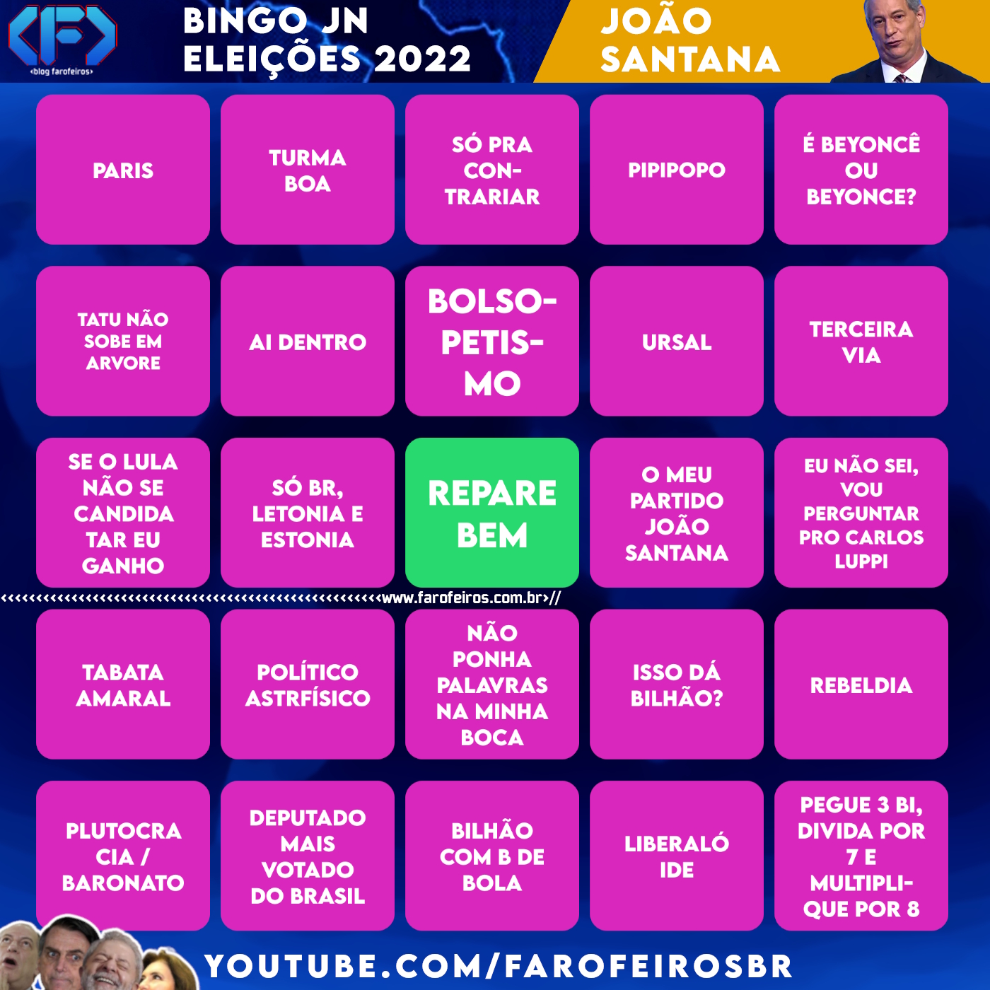 Cartela BINGO JN - Eleições 2022 - Ciro Gomes - João Santana - CORINGADO - Blog Farofeiros