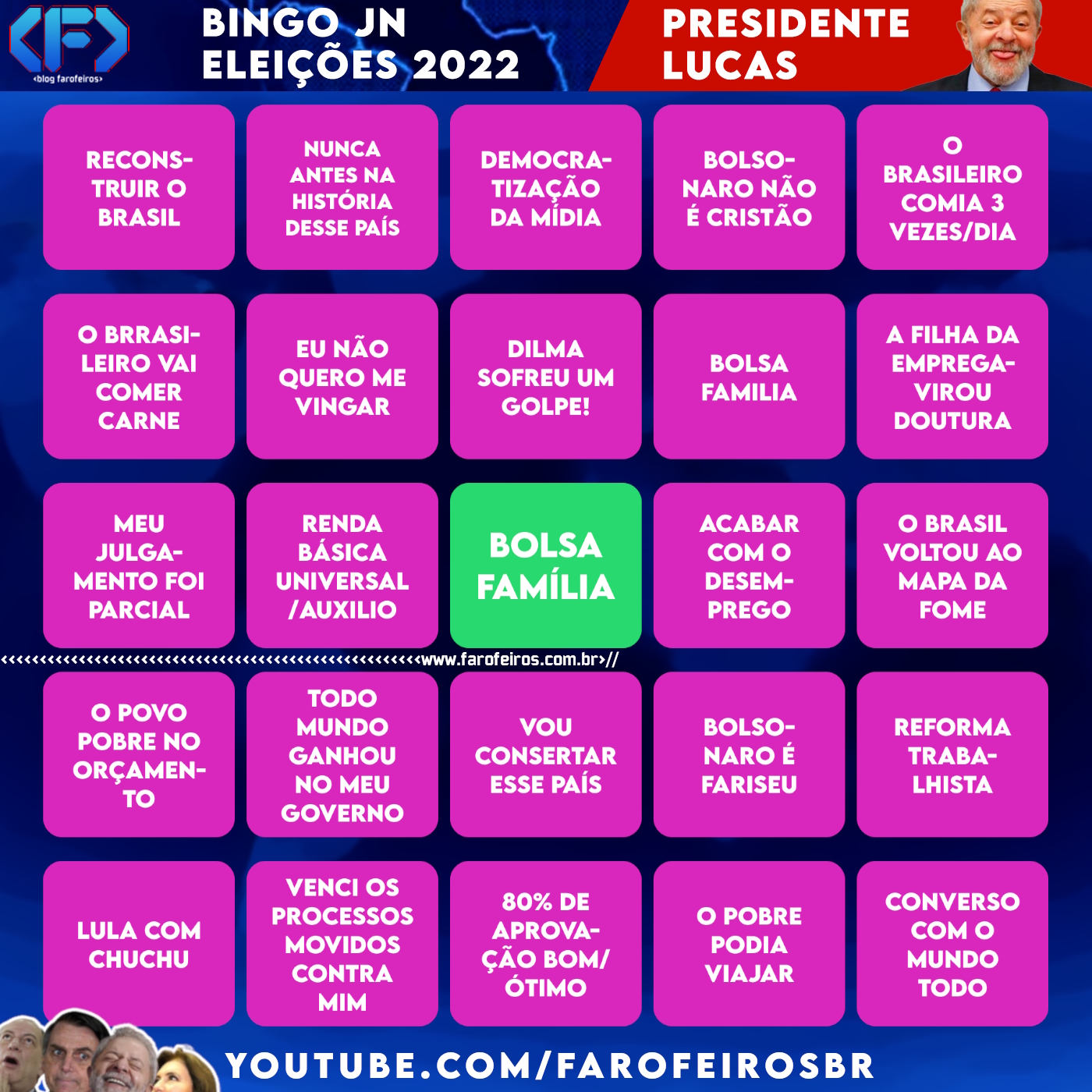Cartela BINGO JN - Eleições 2022 - Lula - Presidente Lucas - Blog Farofeiros
