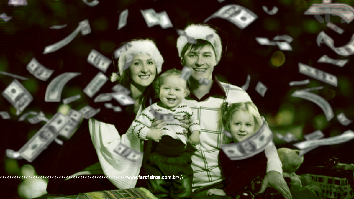 Alegria comprada - Chuva de dinheiro na frente de uma família natalina - Blog Farofeiros