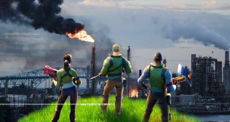 Fortnite está vendendo petróleo - Imagem do jogo à frente de uma usina de combustível real - BLOG FAROFEIROS